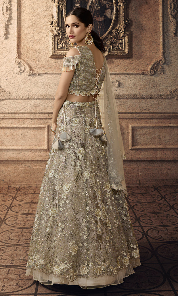 Taupe Designer Heavy Embroidered Net Wedding Lehenga-Saira's Boutique