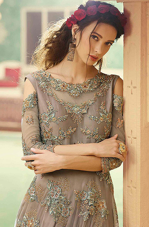 Taupe Gray Designer Embroidered Net Wedding Anarkali Gown-Saira's Boutique