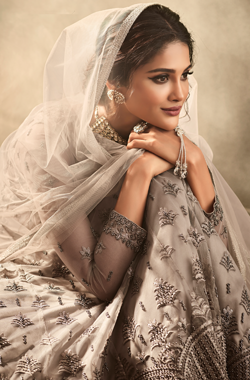 Taupe Gray Designer Heavy Embroidered Net Wedding Anarkali Gown-Saira's Boutique