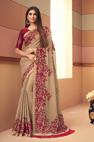 Wine & Red Designer Heavy Embroidered Georgette Wedding Saree