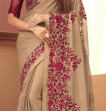 Taupe & Maroon Designer Embroidered Silk Wedding Saree-Saira's Boutique