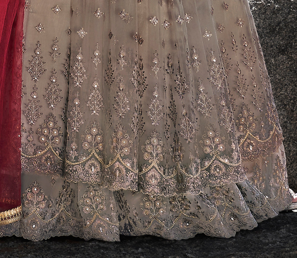 Taupe & Red Designer Embroidered Wedding Lehenga Style Anarkali Suit-Saira's Boutique