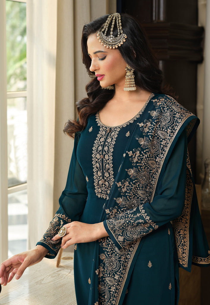 Teal Blue Designer Embroidered Georgette Wedding Sharara Suit-Saira's Boutique