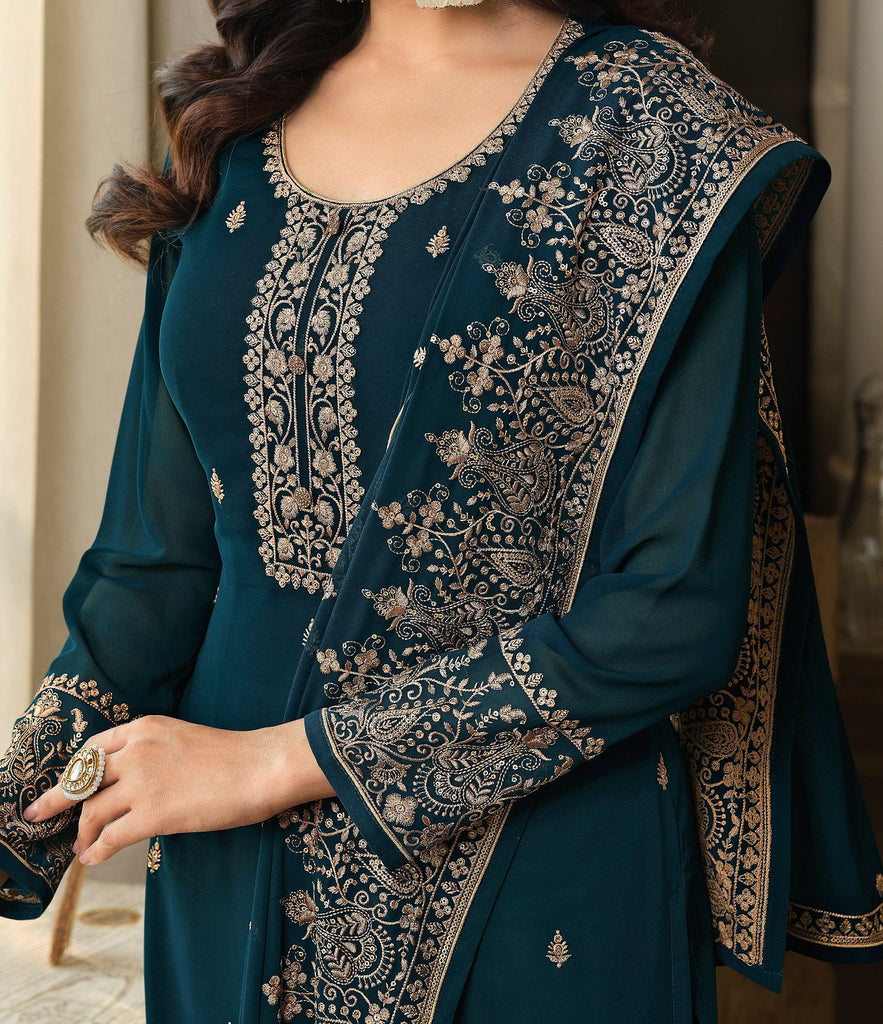 Teal Blue Designer Embroidered Georgette Wedding Sharara Suit-Saira's Boutique