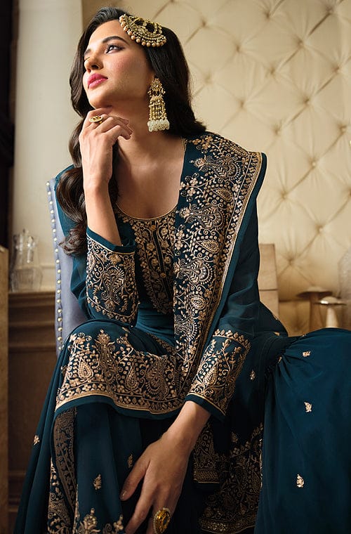 Teal Blue Designer Embroidered Georgette Wedding Sharara Suit-Saira's Boutique