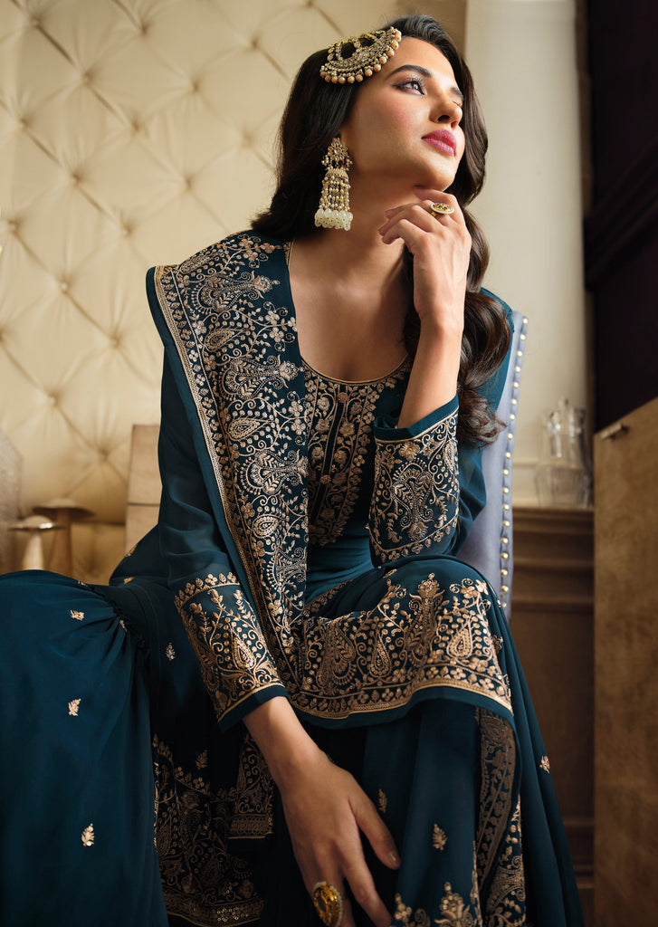 Teal Blue Designer Embroidered Georgette Wedding Sharara Suit-Saira's Boutique