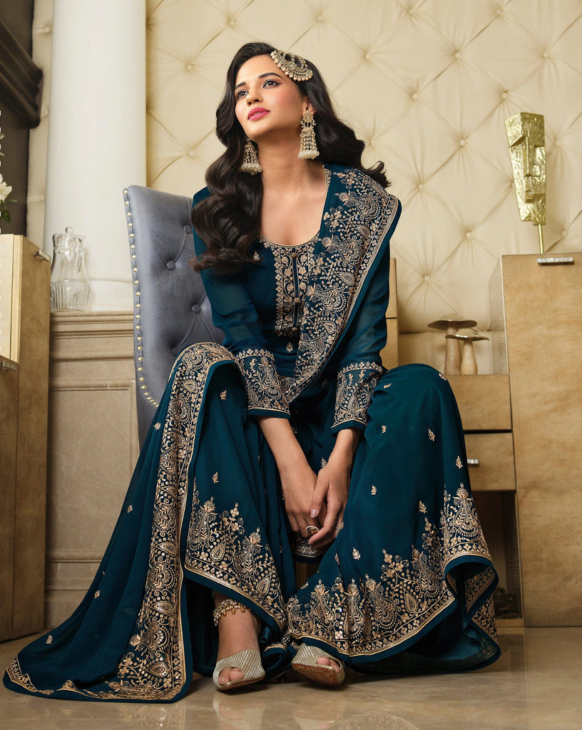 Teal Blue Designer Embroidered Georgette Wedding Sharara Suit-Saira's Boutique