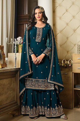 Light Steel Blue Designer Embroidered Party Wear Lucknowi Pant Suit