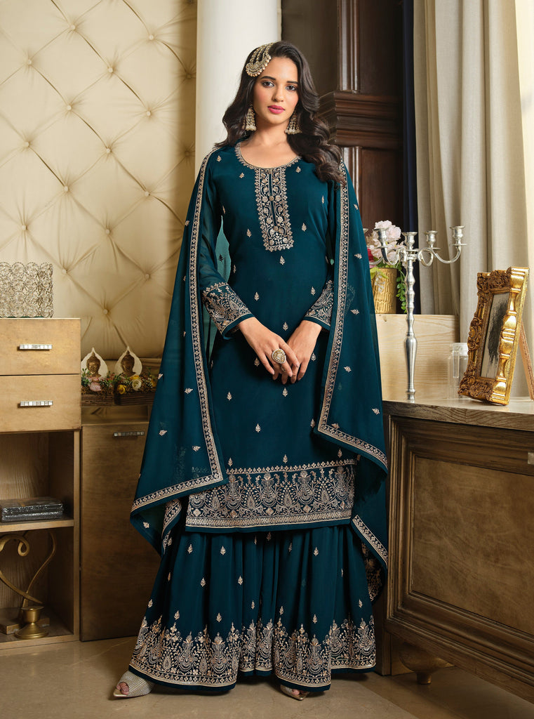 Teal Blue Designer Embroidered Georgette Wedding Sharara Suit-Saira's Boutique