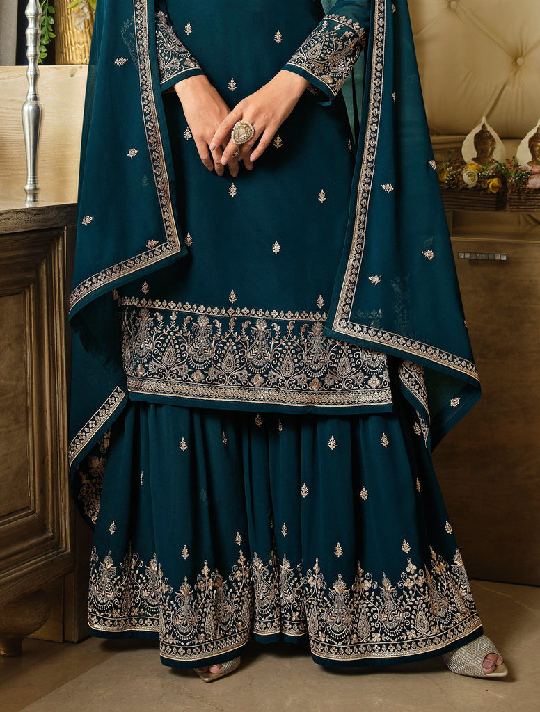 Teal Blue Designer Embroidered Georgette Wedding Sharara Suit-Saira's Boutique