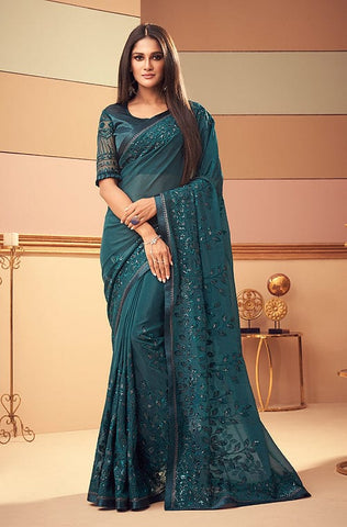 Oxford Blue Designer Embroidered Silk Wedding Saree