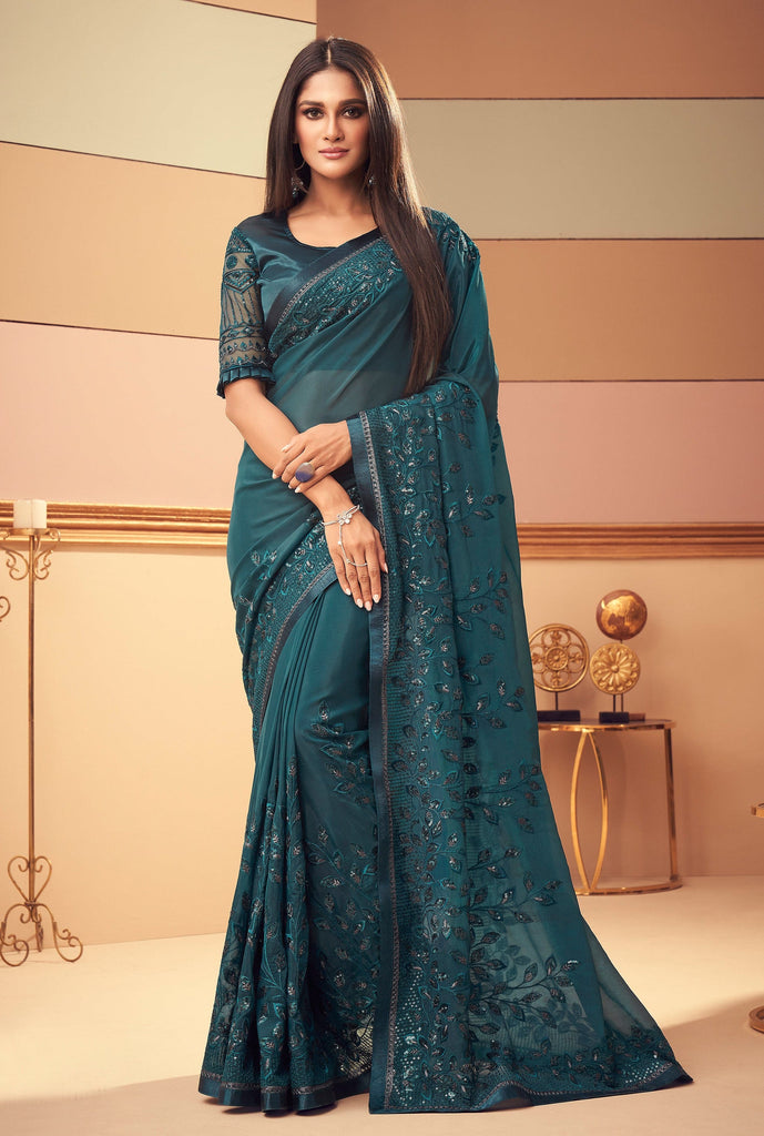 Teal Blue Designer Embroidered Silk Party Wedding Saree