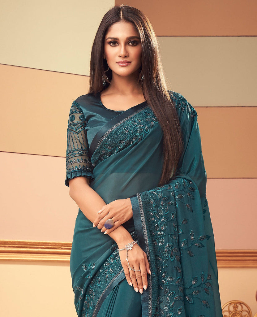 Teal Blue Designer Embroidered Silk Party Wedding Saree-Saira's Boutique