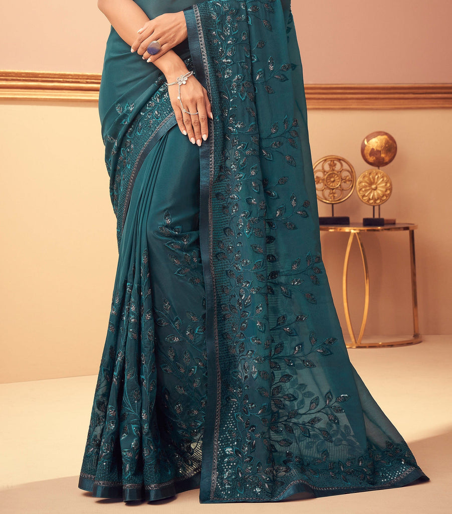 Teal Blue Designer Embroidered Silk Party Wedding Saree-Saira's Boutique