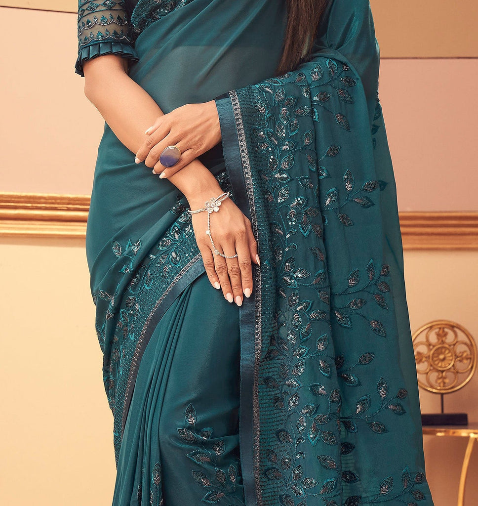 Teal Blue Designer Embroidered Silk Party Wedding Saree-Saira's Boutique