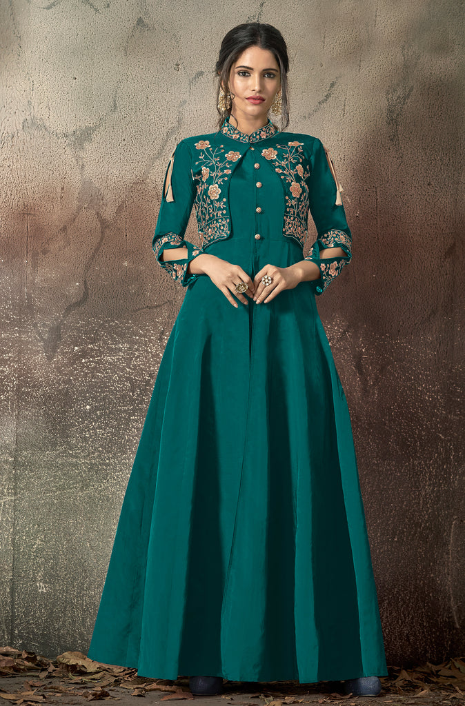 Teal Blue Designer Embroidered Taffeta Silk Party Wear Gown-Saira's Boutique