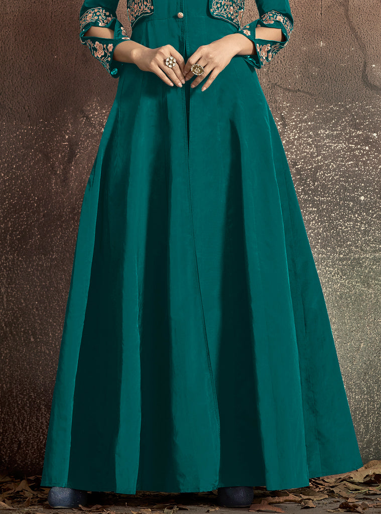 Teal Blue Designer Embroidered Taffeta Silk Party Wear Gown-Saira's Boutique