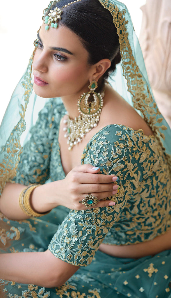 Teal Blue Designer Heavy Embroidered Bridal Lehenga-Saira's Boutique