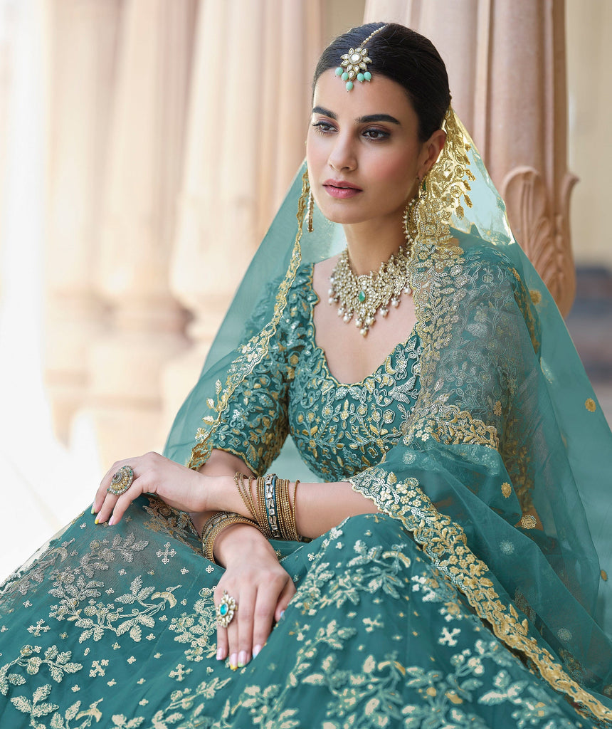 Teal Blue Designer Heavy Embroidered Bridal Lehenga | Saira's Boutique