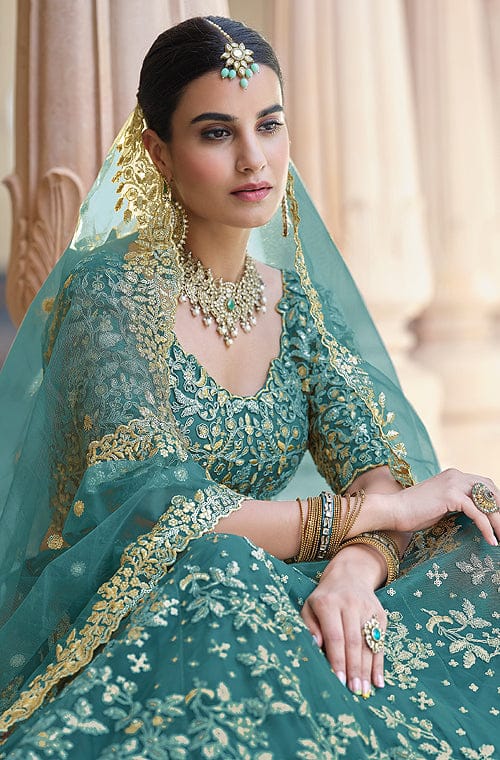 Teal Blue Designer Heavy Embroidered Bridal Lehenga-Saira's Boutique