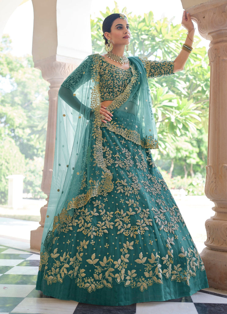 Teal Blue Designer Heavy Embroidered Bridal Lehenga-Saira's Boutique