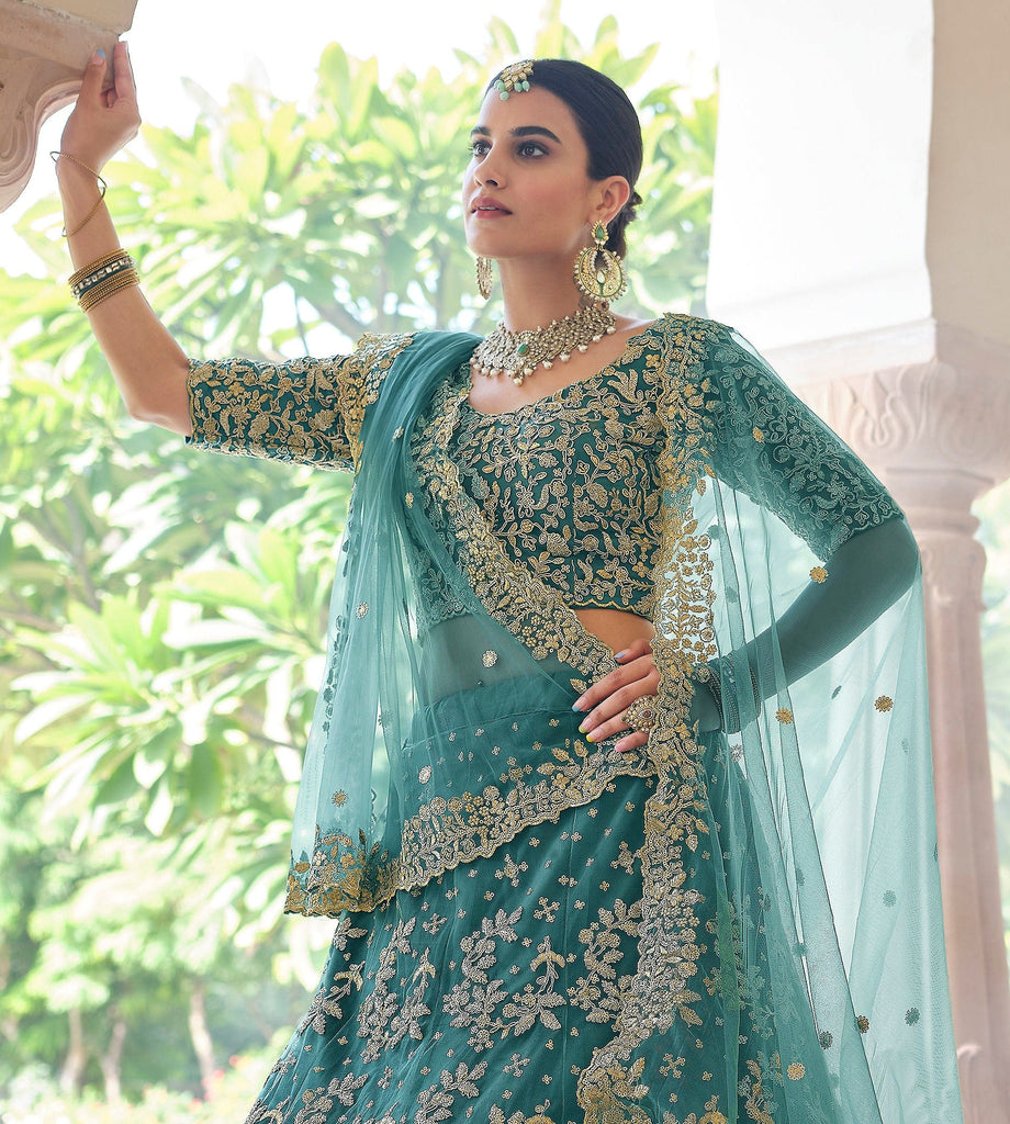 Teal Blue Designer Heavy Embroidered Bridal Lehenga-Saira's Boutique