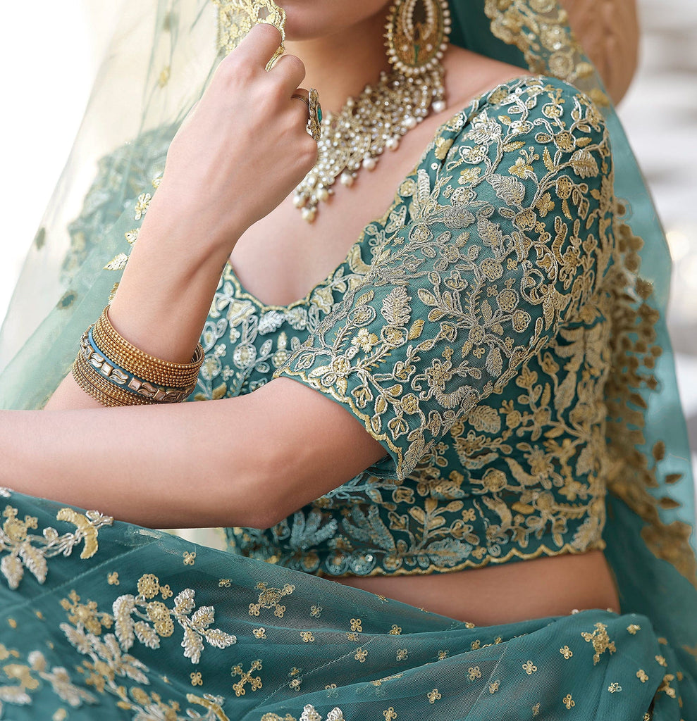 Teal Blue Designer Heavy Embroidered Bridal Lehenga-Saira's Boutique