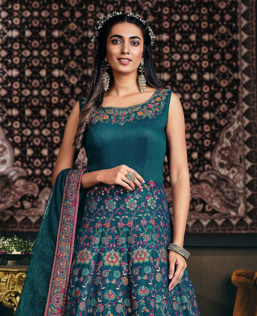 Teal Blue Designer Jacquard Silk Party Wear Anarkali Gown-Saira's Boutique
