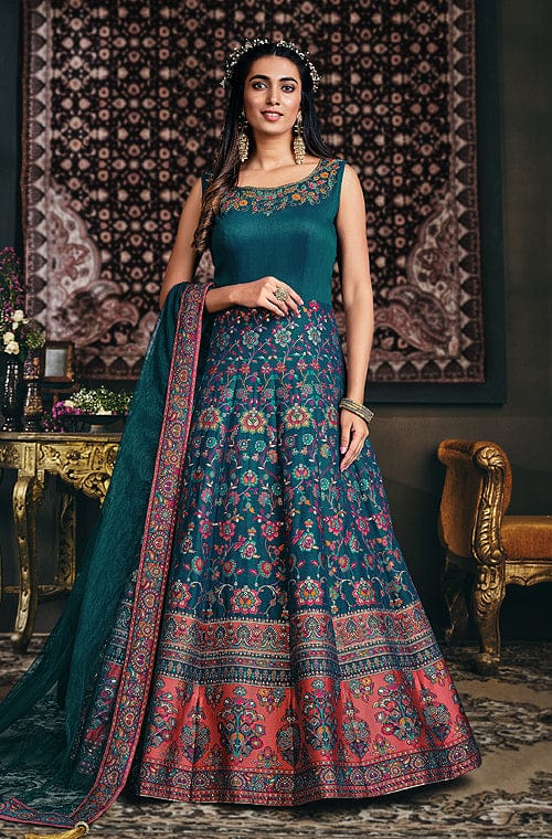 Buy Floor Length Anarkali Dress - Stylish Teal Green Art Silk Anarkali –  Empress Clothing