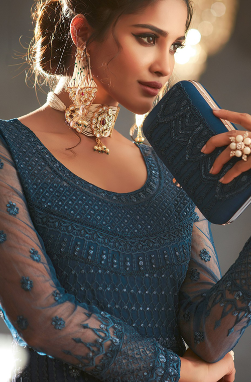 Teal Blue Designer Heavy Embroidered Net Wedding Layered Anarkali Gown-Saira's Boutique