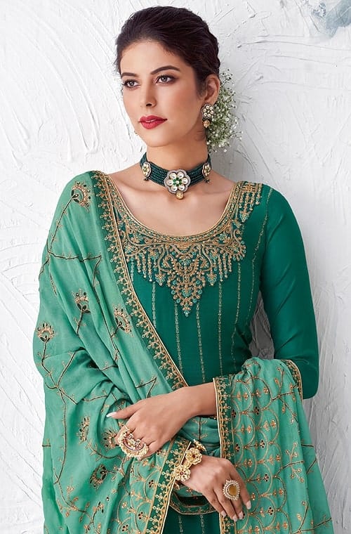 Teal & Sea Green Designer Embroidered Silk Party Wear Palazzo Suit-Saira's Boutique