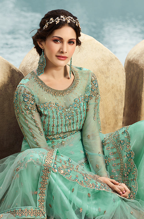 Turquoise Blue Designer Embroidered Net Wedding Sharara Suit-Saira's Boutique