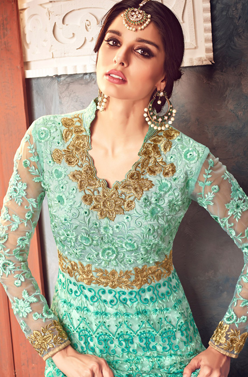 Turquoise Blue Designer Heavy Embroidered Net Wedding & Bridal Anarkali Suit-Saira's Boutique