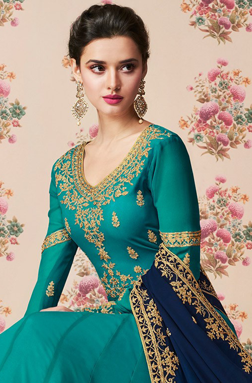 Turquoise Designer Embroidered Georgette Wedding Anarkali Suit-Saira's Boutique