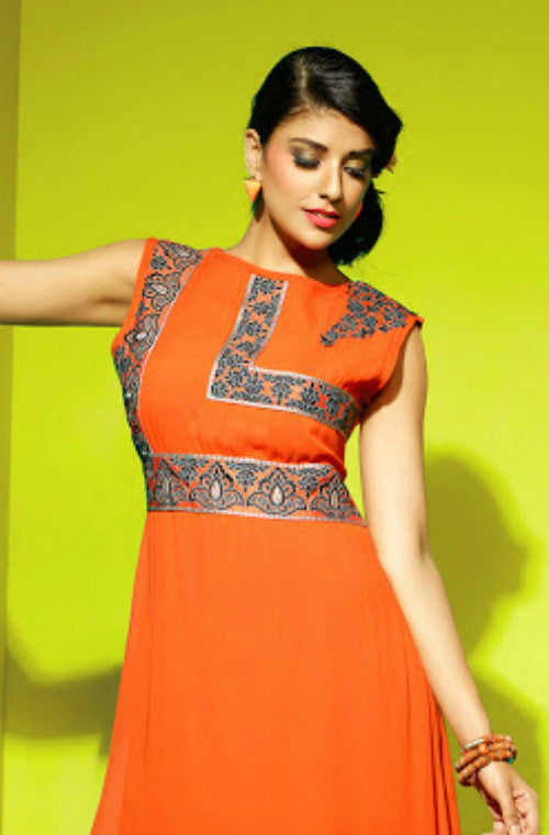 Women Cotton Embroidered Round Neck Straight Cut Orange Kurti EK34