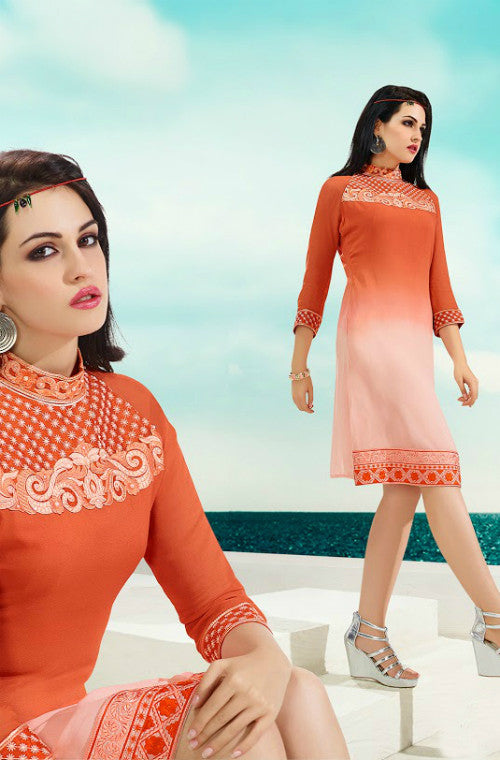 Orange Rayon Straight Kurta With Floral Embroidery at Soch