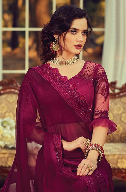 Buy Wine Embroidered Saree For Women Online