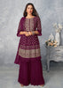 Wine Designer Embroidered Peplum Style Sharara Suit-Saira's Boutique