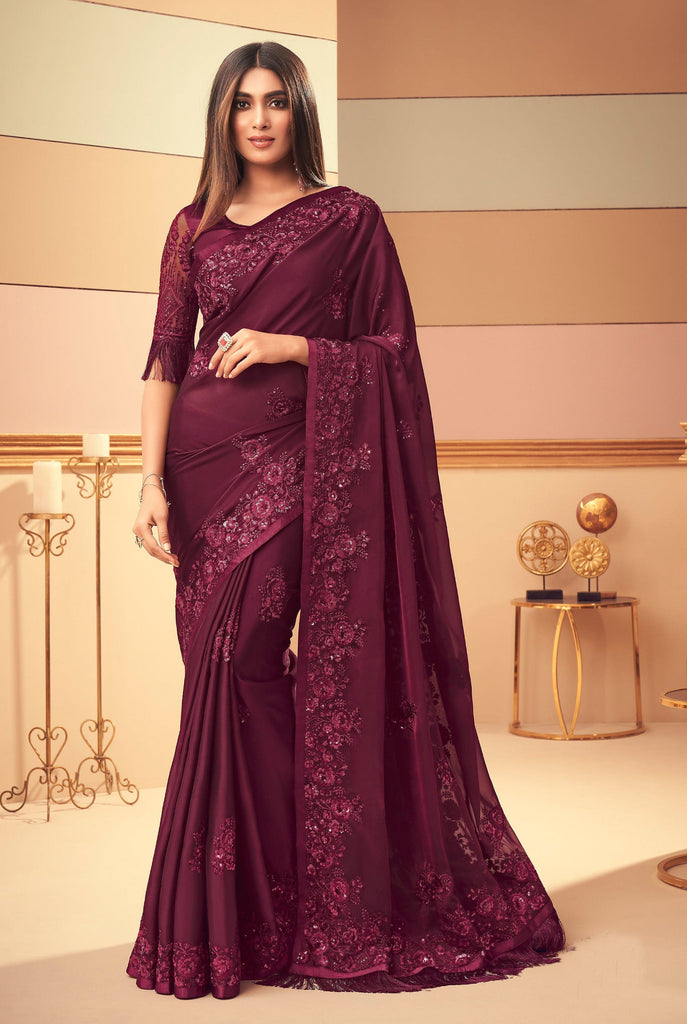 Wine Designer Embroidered Silk Party Wear Saree-Saira's Boutique