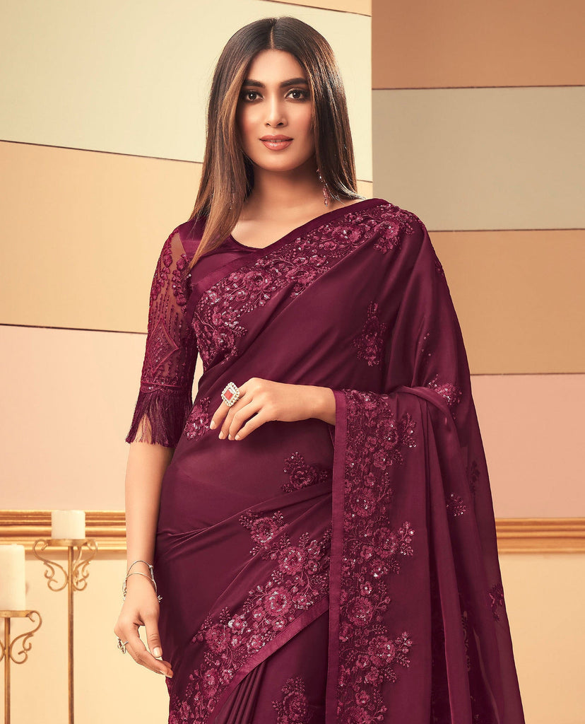 Wine Designer Embroidered Silk Party Wear Saree-Saira's Boutique