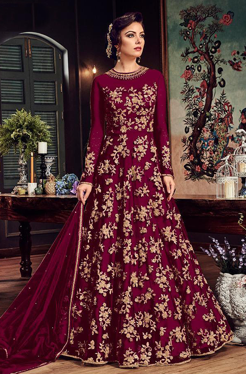 Wine Color Georgette Base Wedding Wear Embroidery Anarkali Suit