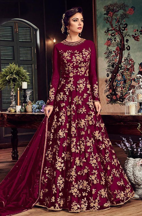 Party Wear Salwar Suit Wine Colour With Net Fabric.