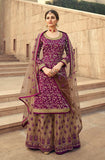 Wine Purple Designer Embroidered Jacquard Wedding Palazzo Suit-Saira's Boutique