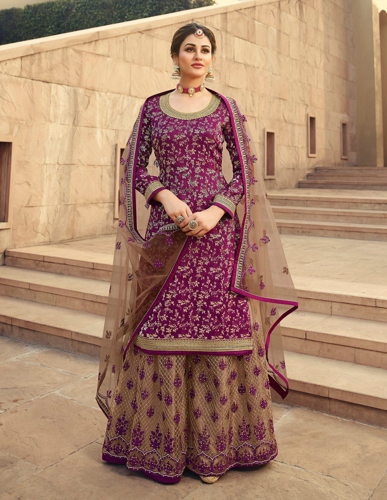 Wine Purple Designer Embroidered Jacquard Wedding Palazzo Suit-Saira's Boutique