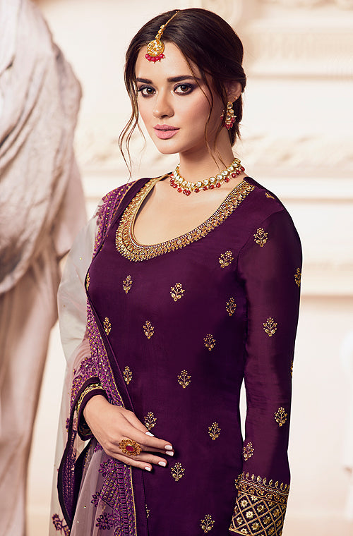 Wine Purple Designer Embroidered Satin Georgette Sharara Suit-Saira's Boutique