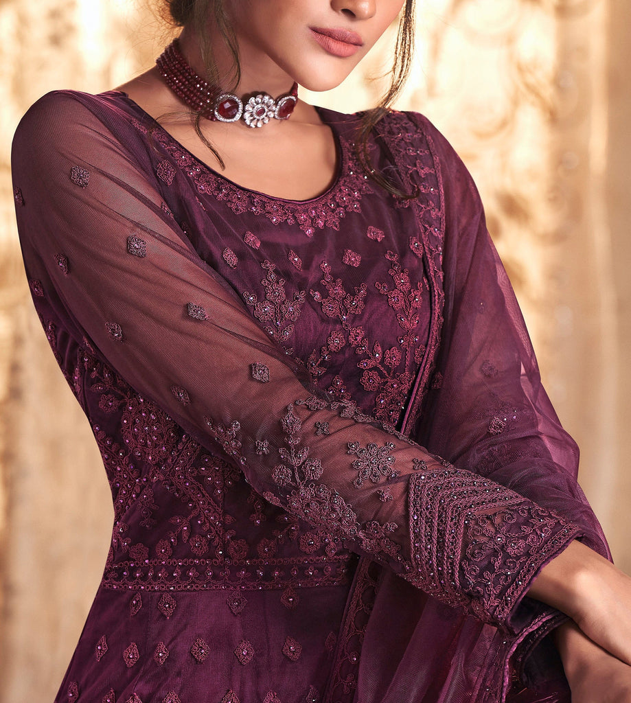 Wine Purple Designer Embroidered Wedding Anarkali Suit-Saira's Boutique