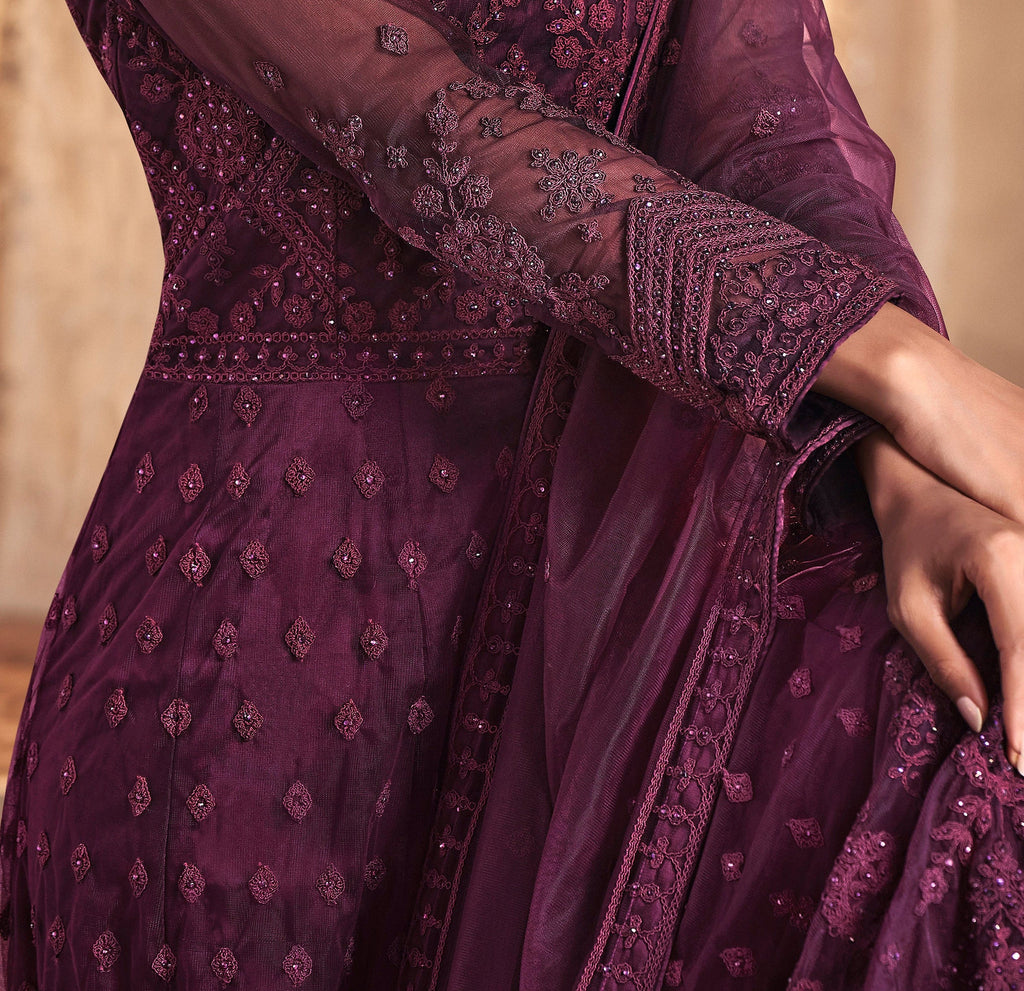 Wine Purple Designer Embroidered Wedding Anarkali Suit-Saira's Boutique