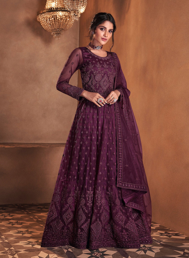 Wine Purple Designer Embroidered Wedding Anarkali Suit-Saira's Boutique