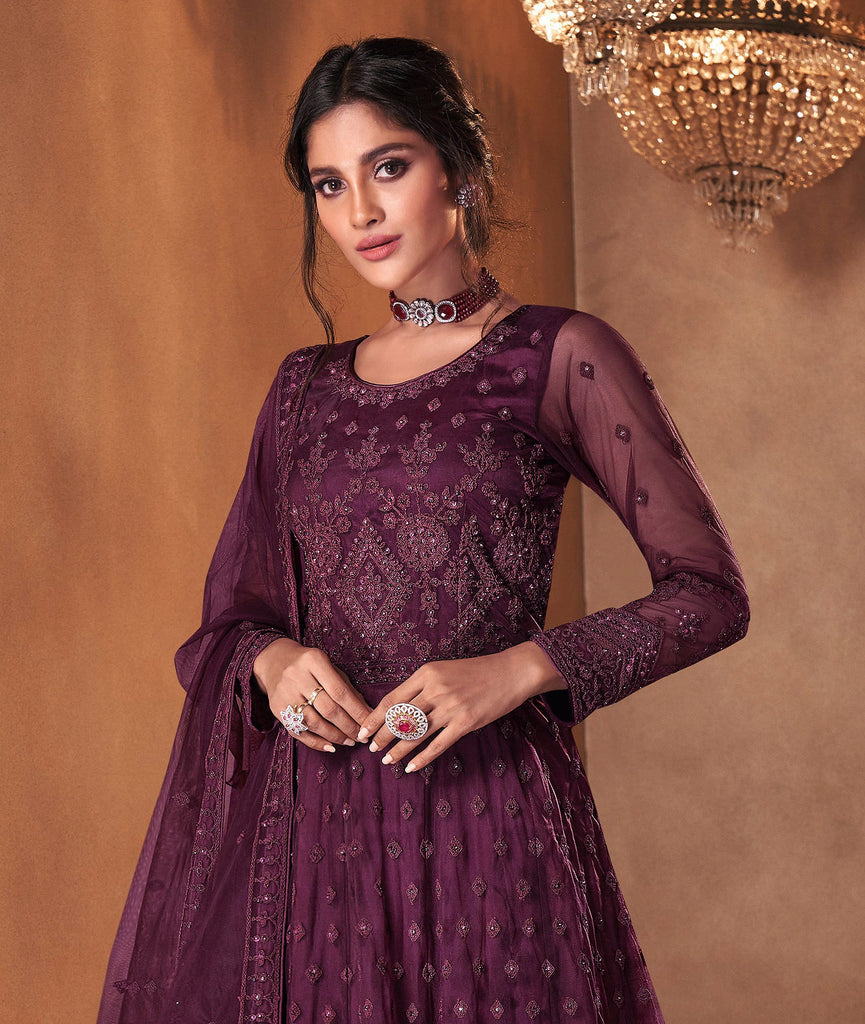 Wine Purple Designer Embroidered Wedding Anarkali Suit-Saira's Boutique