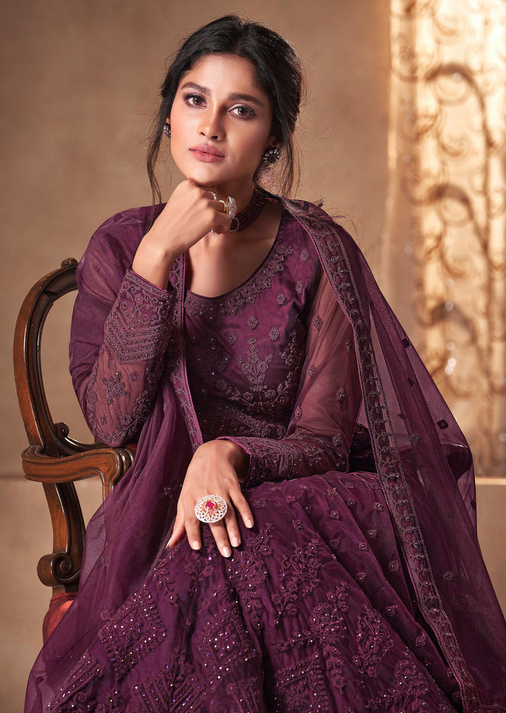 Wine Purple Designer Embroidered Wedding Anarkali Suit-Saira's Boutique